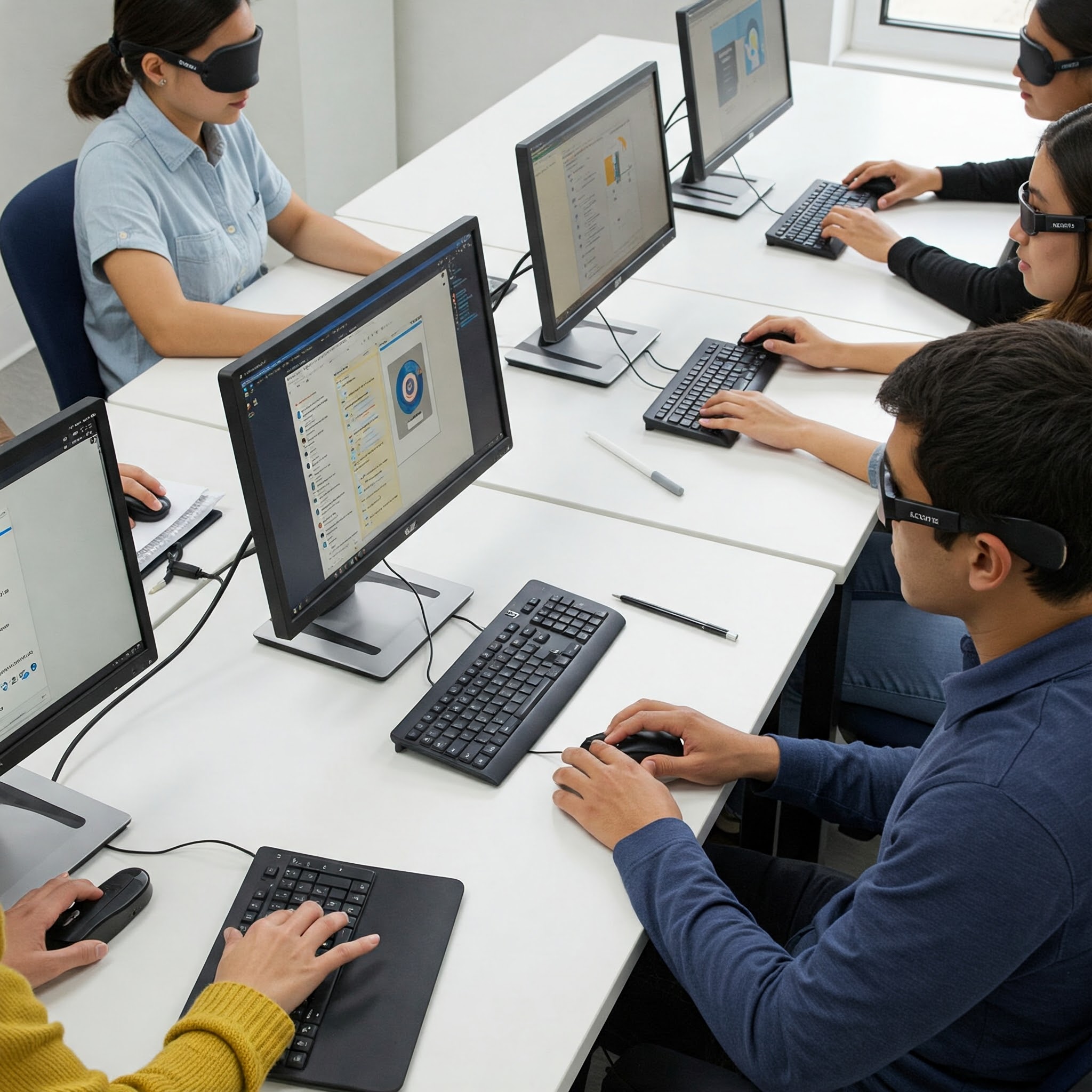 A high-angle, medium shot shows five individuals seated at a long, white table, each working on a computer. The individuals appear to be young adults. Four of them are wearing black eye coverings or specialized low-vision aids over their eyes. Each person has a computer monitor in front of them, along with a keyboard and a mouse. The monitors display various interfaces, some showing graphical elements and others text. The individual closest to the camera, on the right, is a man with short dark hair wearing a blue long-sleeved shirt. His hands are on a mouse. To his left, a person wearing a yellow long-sleeved sweater is using a specialized keyboard with large, high-contrast keys. The other three individuals are positioned further down the table, also engaged with their computers. The setting appears to be a training or educational environment focused on assistive technology for individuals with visual impairments. The lighting is bright and even, coming from overhead and a window visible in the background.