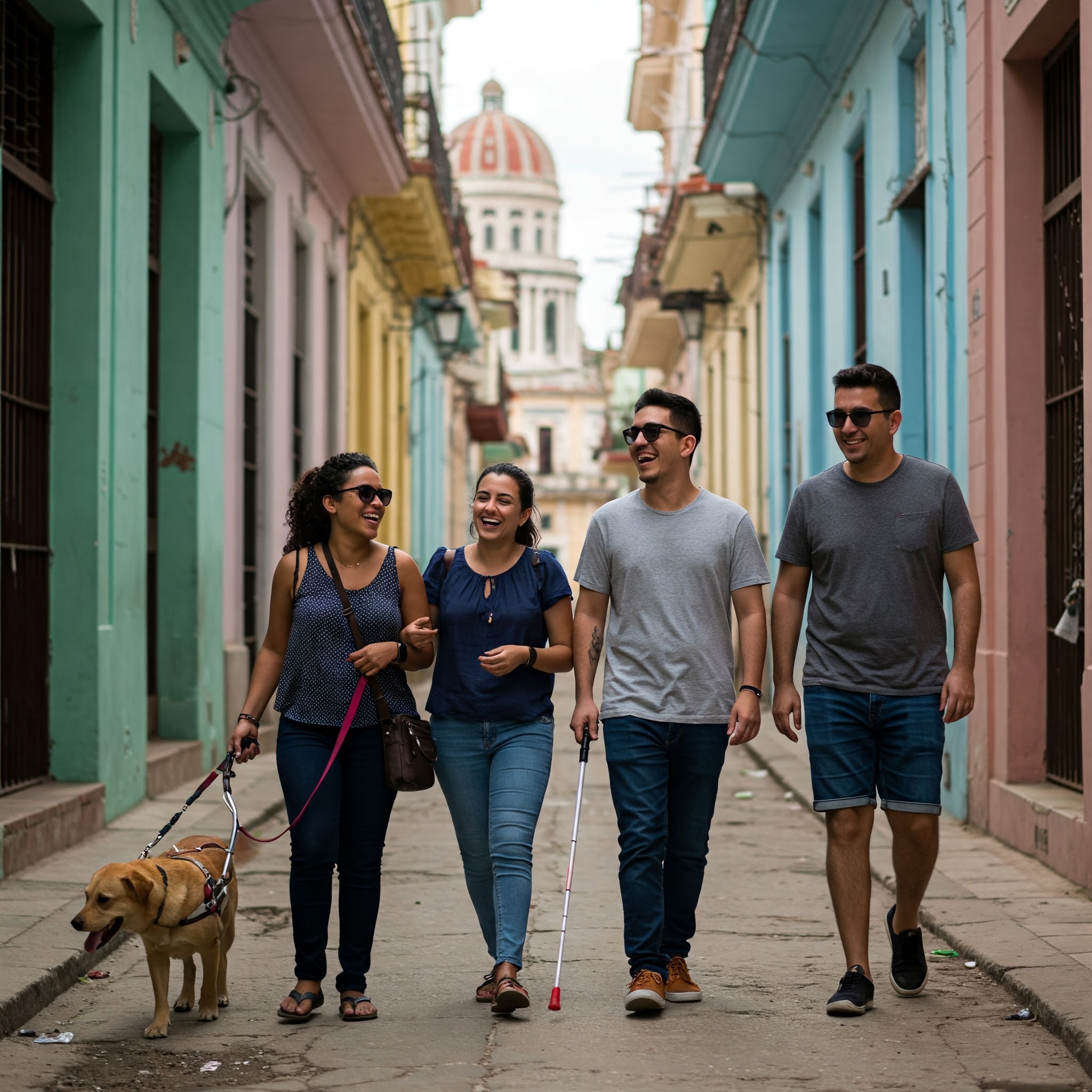 Four individuals, appearing to be young adults, are walking down a narrow, cobblestone street lined with colorful buildings in what seems to be an urban setting. The buildings are painted in pastel shades of pink, blue, yellow, and green, with dark-framed windows and balconies.

The person on the far left is a woman with dark, curly hair, wearing sunglasses, a patterned tank top, dark jeans, and sandals. She is holding a leash attached to a light brown dog, which appears to be a guide dog, walking slightly ahead of her.

Next to her is another woman with long, dark hair pulled back, wearing sunglasses on her head, a dark blue short-sleeved shirt, light blue jeans, and sandals. She is holding a white cane, suggesting she may have a visual impairment.

To her right is a man with short, dark hair, wearing sunglasses, a light gray t-shirt, dark blue jeans, and brown shoes. He is smiling and looking towards the woman with the cane.

On the far right is another man with short, dark hair, wearing sunglasses, a dark gray t-shirt, blue jean shorts, and black sneakers. He is also smiling and looking towards the group.

All four individuals appear to be enjoying their walk, and the atmosphere seems relaxed and friendly. In the background, at the end of the street, a large, light-colored building with a prominent dome is visible, suggesting a significant landmark or architectural structure. The lighting indicates it is daytime.