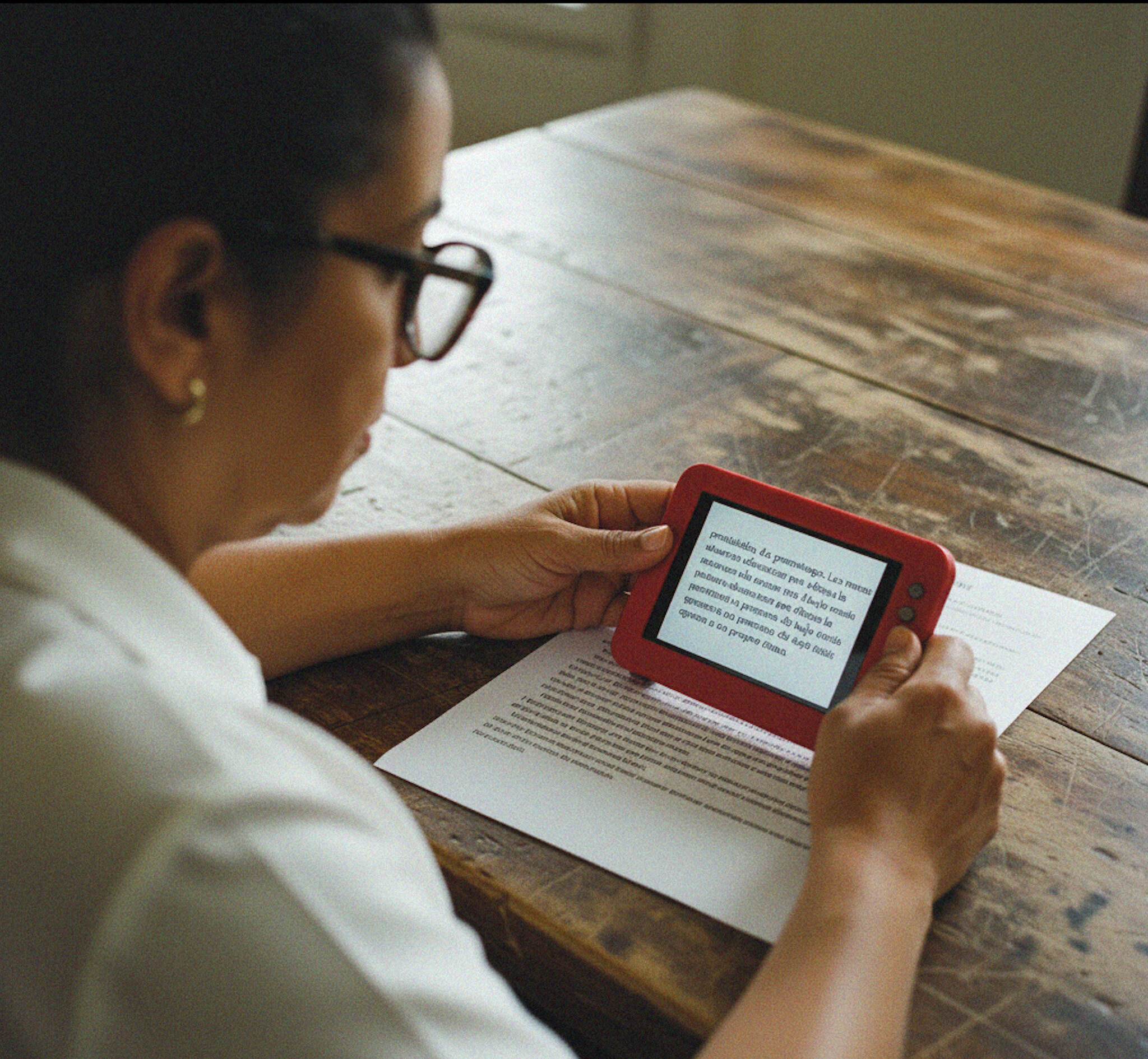A person, wearing glasses and a white shirt, is seated at a rustic wooden table and is holding a red handheld magnifying device over a printed document. The electronic device displays the document's text in large white letters on a red background for easy reading.